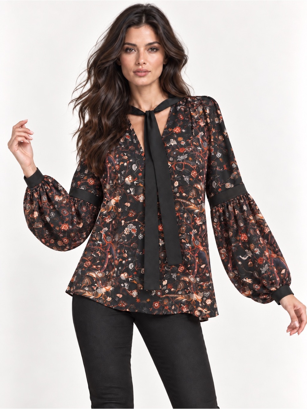 Ulla Johnson Black Floral Tie-Neck Blouse with Ribbon
